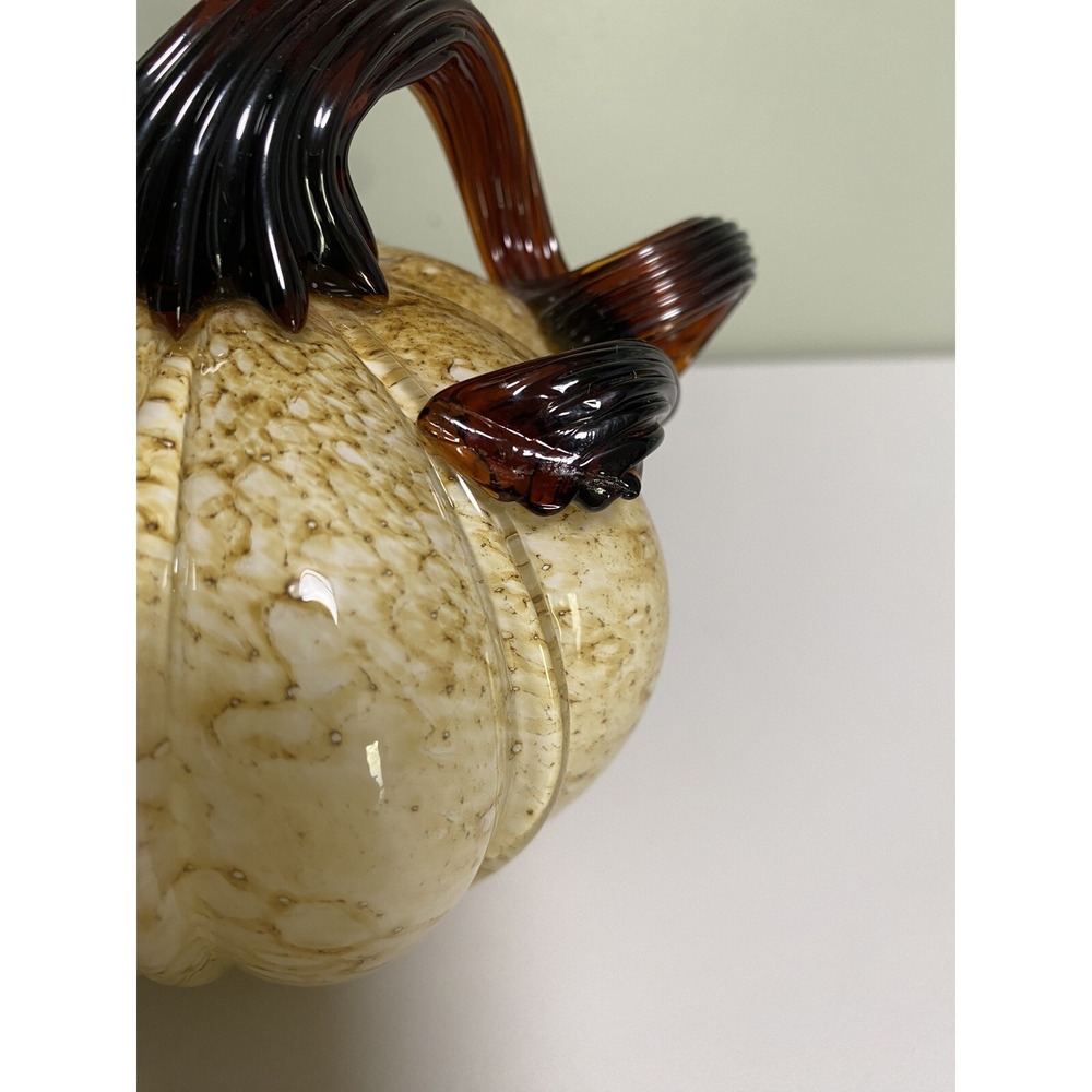 Hand blown Glass Pumpkin Neutrals Brown Amber Yellow Speckled Excellent! - Picture 7 of 8